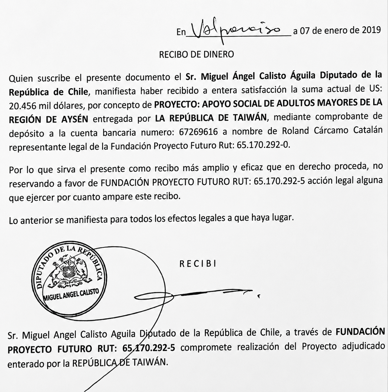 Documento vincula a exdiputado Miguel Ángel Calisto con recepción de US$ 20.456 por proyecto financiado por Taiwán